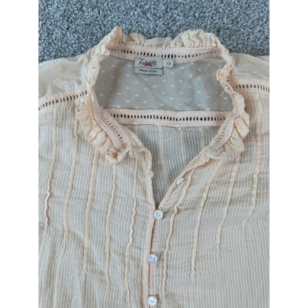 Faherty Organic Cotton Ruffle Blouse Sz S Peach Victorian Pintuck Lace Coquette - Picture 5 of 10